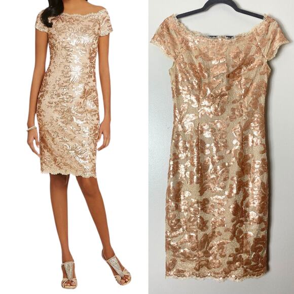 JS COLLECTIONS DRESS 2 GOLD SEQUIN FALL WEDDING GUEST SHORT COCKTAIL LACE - Picture 1 of 16